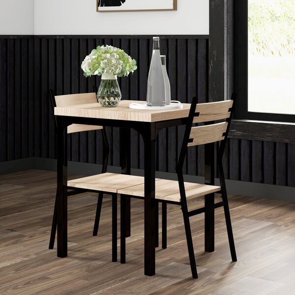HOMCOM Small Dining Table with 2 Chairs with Natural Wood Finish, Metal Legs, High Back, Table Set for Bistro cafe Kitchen Breakfast Bar Aosom UK