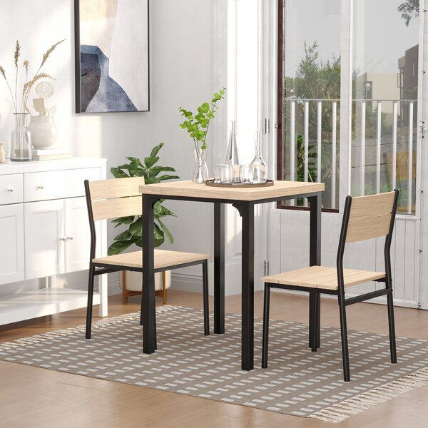 HOMCOM Small Dining Table with 2 Chairs with Natural Wood Finish, Metal Legs, High Back, Table Set for Bistro cafe Kitchen Breakfast Bar Aosom UK