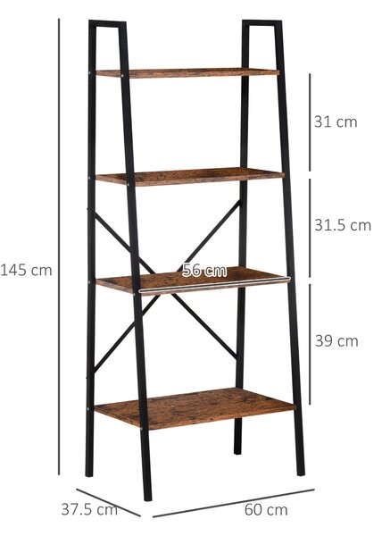 HOMCOM 4-Tier Vintage Ladder Shelf Bookcase Wood Storage Rack Stand Plants Display Black brown Aosom UK