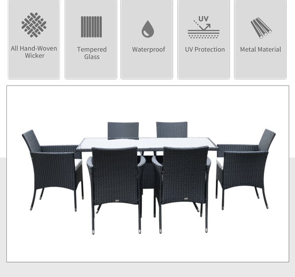 Outsunny 6-Seater Rattan Dining Set Garden Furniture Patio Rectangular Table Cube Chairs Outdoor Fire Retardant Sponge Black Aosom UK