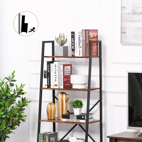 HOMCOM 4-Tier Vintage Ladder Shelf Bookcase Wood Storage Rack Stand Plants Display Black brown Aosom UK