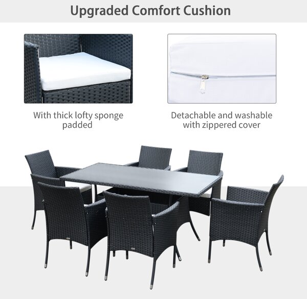 Outsunny 6-Seater Rattan Dining Set Garden Furniture Patio Rectangular Table Cube Chairs Outdoor Fire Retardant Sponge Black Aosom UK