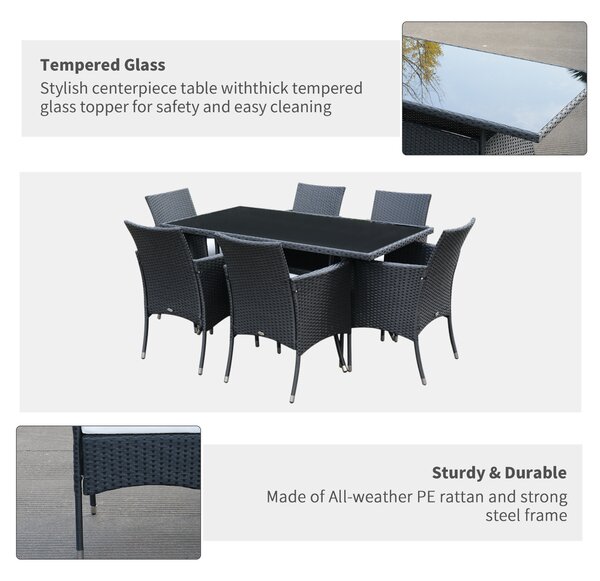 Outsunny 6-Seater Rattan Dining Set Garden Furniture Patio Rectangular Table Cube Chairs Outdoor Fire Retardant Sponge Black Aosom UK