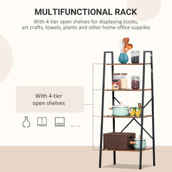 HOMCOM 4-Tier Vintage Ladder Shelf Bookcase Wood Storage Rack Stand Plants Display Black brown Aosom UK
