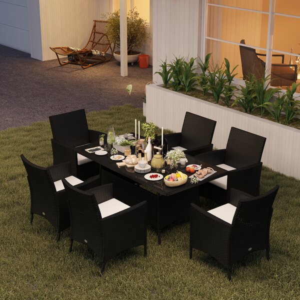 Outsunny 6-Seater Rattan Dining Set Garden Furniture Patio Rectangular Table Cube Chairs Outdoor Fire Retardant Sponge Black Aosom UK