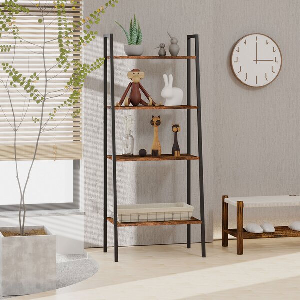 HOMCOM 4-Tier Vintage Ladder Shelf Bookcase Wood Storage Rack Stand Plants Display Black brown Aosom UK