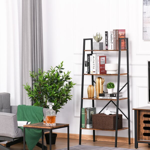HOMCOM 4-Tier Vintage Ladder Shelf Bookcase Wood Storage Rack Stand Plants Display Black brown Aosom UK