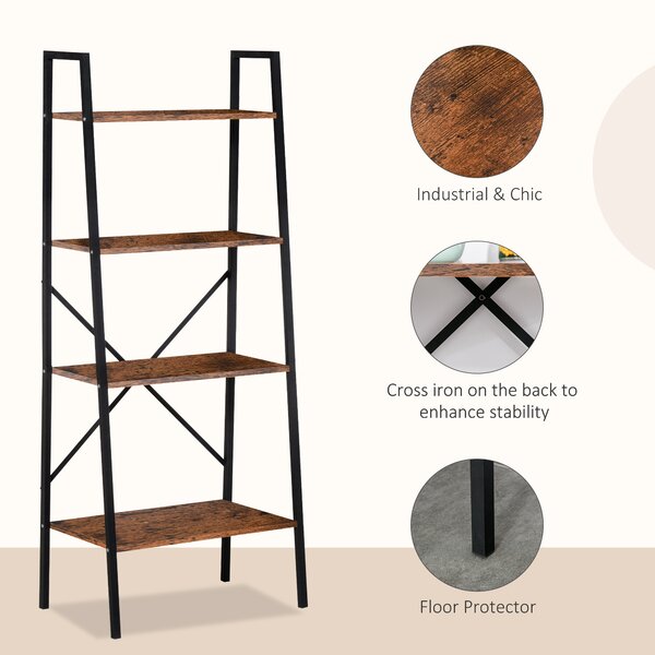 HOMCOM 4-Tier Vintage Ladder Shelf Bookcase Wood Storage Rack Stand Plants Display Black brown Aosom UK