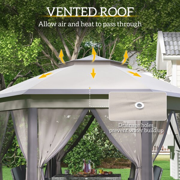 Outsunny 4x4m Hexagonal Pop-Up Garden Gazebo, Instant Setup Patio Shelter with Double-Tier Roof & Mosquito Netting, Beige Aosom UK