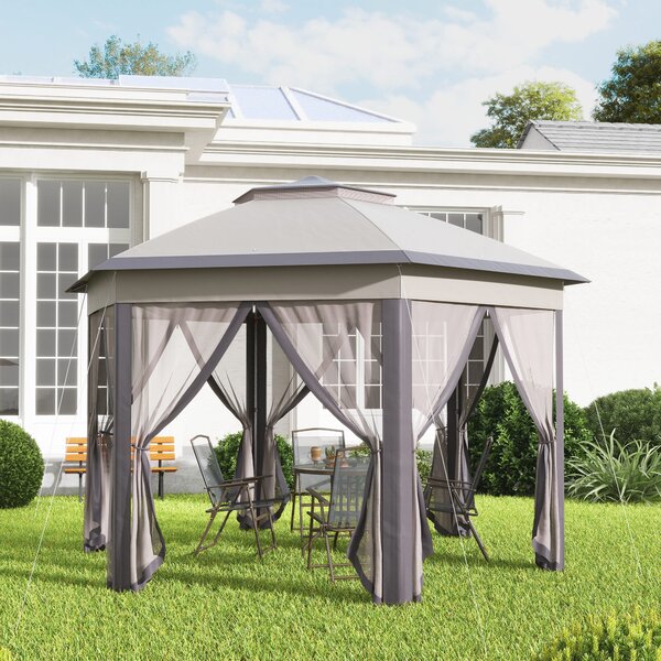 Outsunny 4x4m Hexagonal Pop-Up Garden Gazebo, Instant Setup Patio Shelter with Double-Tier Roof & Mosquito Netting, Beige Aosom UK