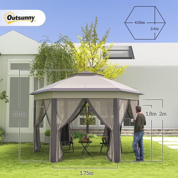 Outsunny 4x4m Hexagonal Pop-Up Garden Gazebo, Instant Setup Patio Shelter with Double-Tier Roof & Mosquito Netting, Beige Aosom UK