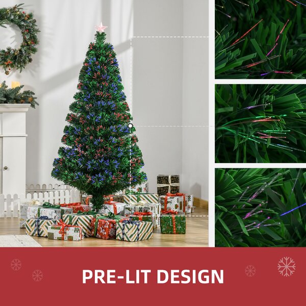 HOMCOM 5FT Green Fiber Optic Xmas Tree Pre-Lit Fibre Optic Artificial Christmas Tree Multi-Colour Aosom UK