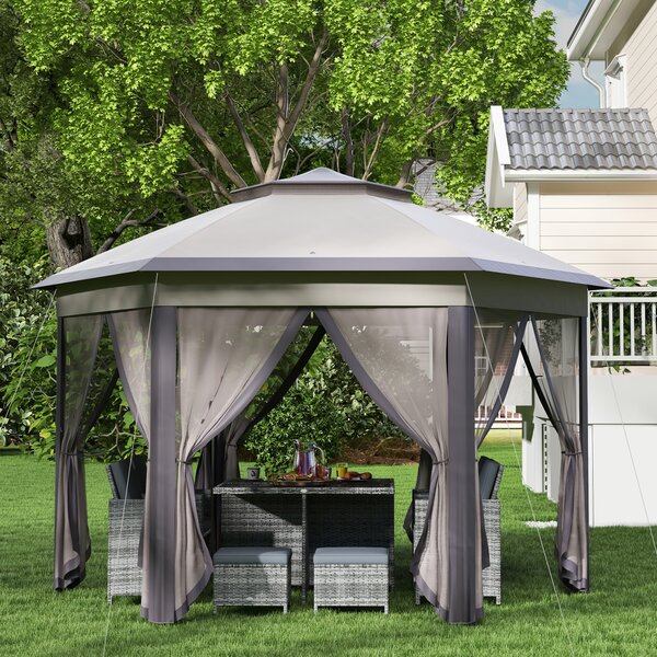 Outsunny 4x4m Hexagonal Pop-Up Garden Gazebo, Instant Setup Patio Shelter with Double-Tier Roof & Mosquito Netting, Beige Aosom UK