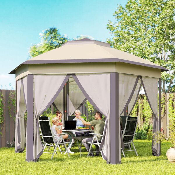 Outsunny 4x4m Hexagonal Pop-Up Garden Gazebo, Instant Setup Patio Shelter with Double-Tier Roof & Mosquito Netting, Beige Aosom UK