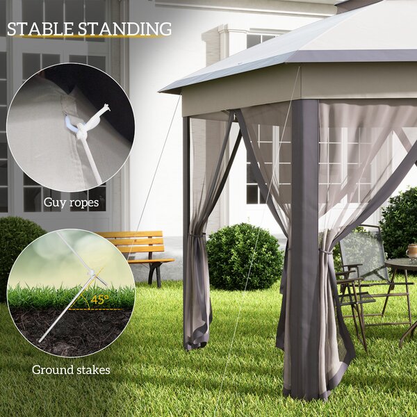 Outsunny 4x4m Hexagonal Pop-Up Garden Gazebo, Instant Setup Patio Shelter with Double-Tier Roof & Mosquito Netting, Beige Aosom UK