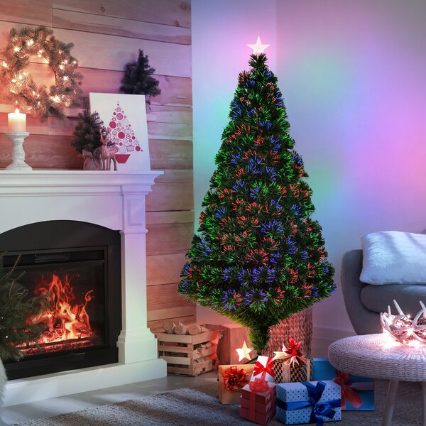 HOMCOM 5FT Green Fiber Optic Xmas Tree Pre-Lit Fibre Optic Artificial Christmas Tree Multi-Colour Aosom UK
