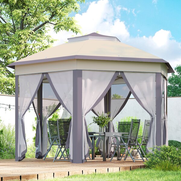 Outsunny 4x4m Hexagonal Pop-Up Garden Gazebo, Instant Setup Patio Shelter with Double-Tier Roof & Mosquito Netting, Beige Aosom UK