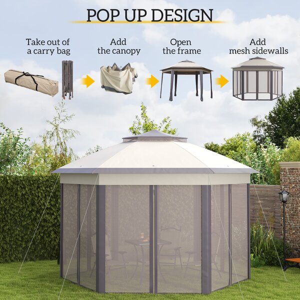 Outsunny 4x4m Hexagonal Pop-Up Garden Gazebo, Instant Setup Patio Shelter with Double-Tier Roof & Mosquito Netting, Beige Aosom UK