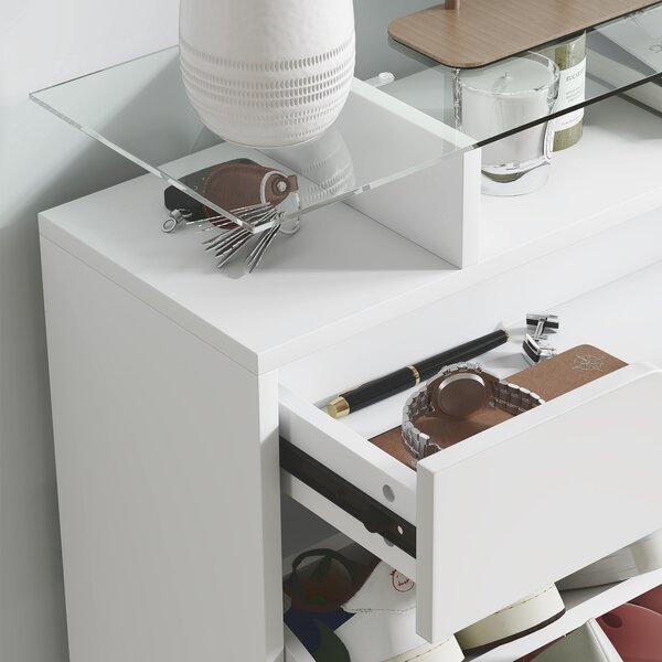 HOMCOM Shoe Cabinet High Gloss, 3 Drawer Storage, Tipping Bucket Design, Glass Top, 14 Pairs Capacity, White