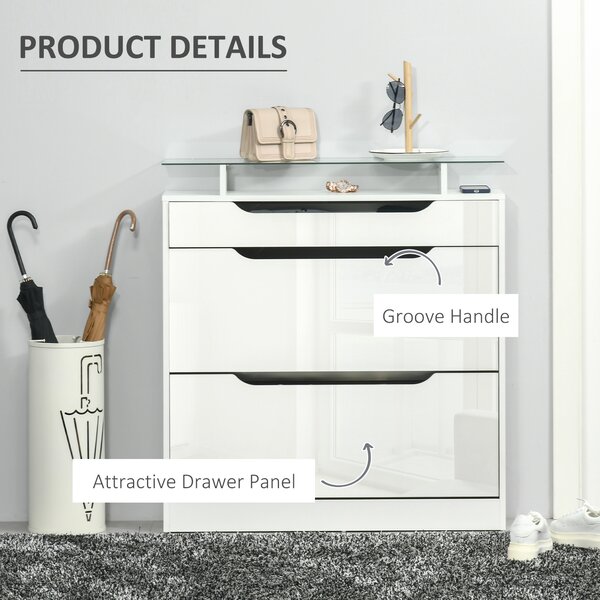 HOMCOM Shoe Cabinet High Gloss, 3 Drawer Storage, Tipping Bucket Design, Glass Top, 14 Pairs Capacity, White