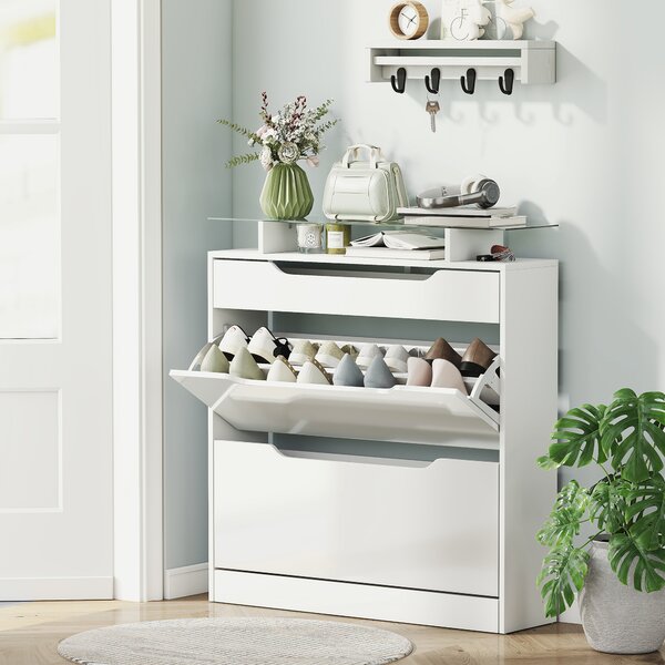 HOMCOM Shoe Cabinet High Gloss, 3 Drawer Storage, Tipping Bucket Design, Glass Top, 14 Pairs Capacity, White