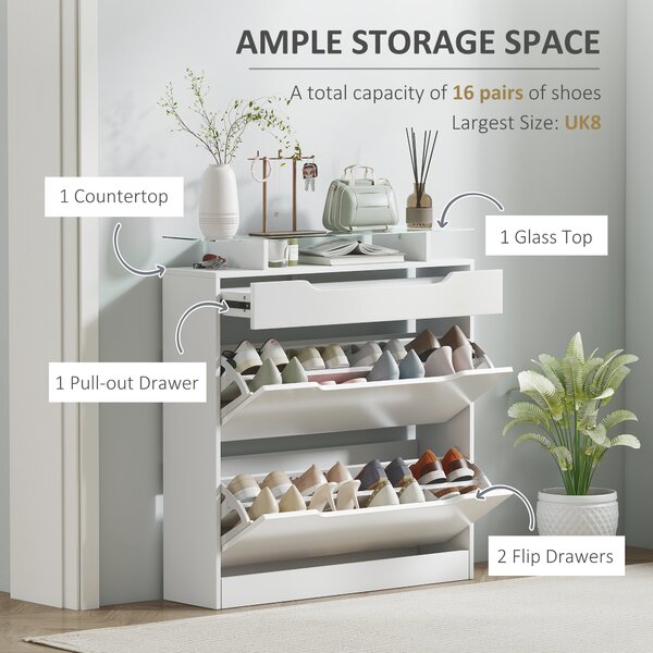 HOMCOM Shoe Cabinet High Gloss, 3 Drawer Storage, Tipping Bucket Design, Glass Top, 14 Pairs Capacity, White