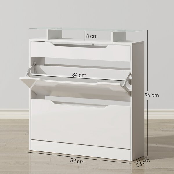 HOMCOM Shoe Cabinet High Gloss, 3 Drawer Storage, Tipping Bucket Design, Glass Top, 14 Pairs Capacity, White