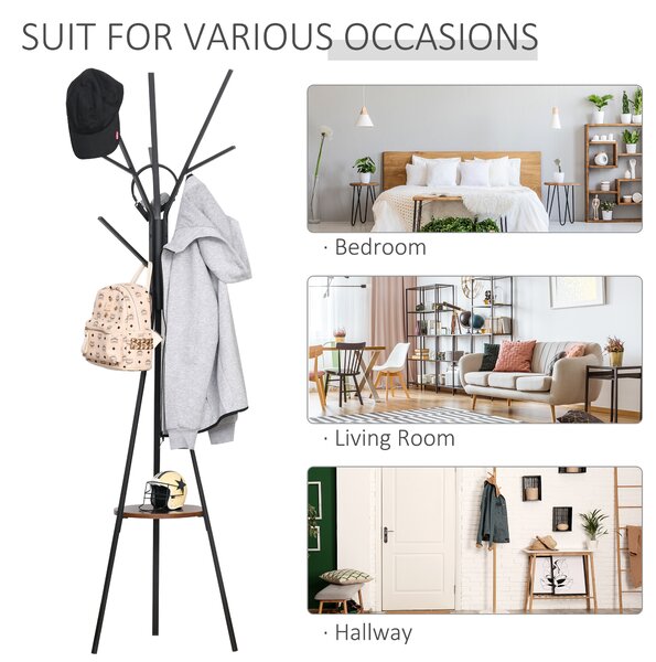 HOMCOM Free Standing Coat Rack Metal, 180cm with 9 Hooks, 1 Shelf for Clothes, Hats, Bags, Umbrella Organiser, Brown Aosom UK