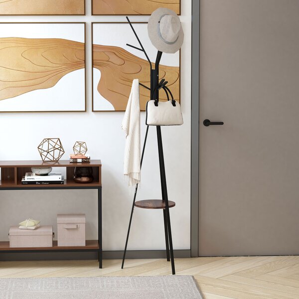 HOMCOM Free Standing Coat Rack Metal, 180cm with 9 Hooks, 1 Shelf for Clothes, Hats, Bags, Umbrella Organiser, Brown Aosom UK
