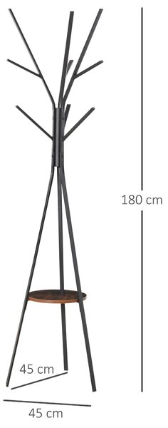 HOMCOM Free Standing Coat Rack Metal, 180cm with 9 Hooks, 1 Shelf for Clothes, Hats, Bags, Umbrella Organiser, Brown Aosom UK