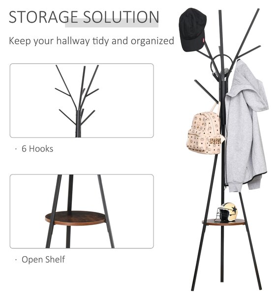 HOMCOM Free Standing Coat Rack Metal, 180cm with 9 Hooks, 1 Shelf for Clothes, Hats, Bags, Umbrella Organiser, Brown Aosom UK
