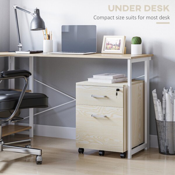 Vinsetto 2-Drawer Locking Office Filing Cabinet w/ 5 Wheels Rolling Storage Hanging Legal Letter Files Cupboard Home Organisation Oak Aosom UK
