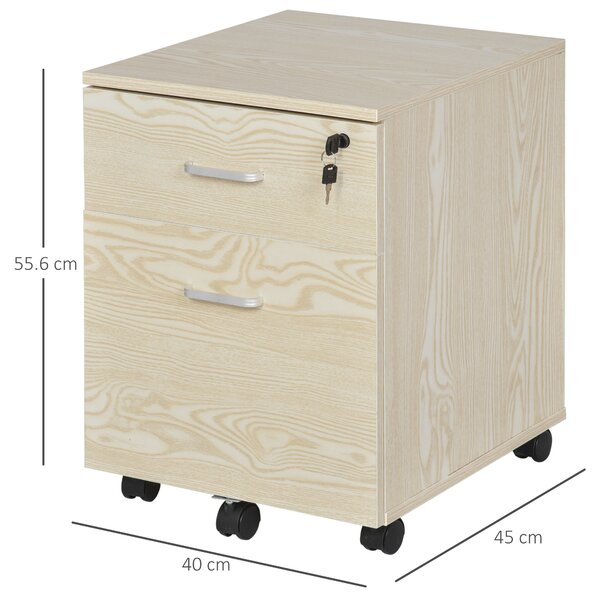 Vinsetto 2-Drawer Locking Office Filing Cabinet w/ 5 Wheels Rolling Storage Hanging Legal Letter Files Cupboard Home Organisation Oak Aosom UK