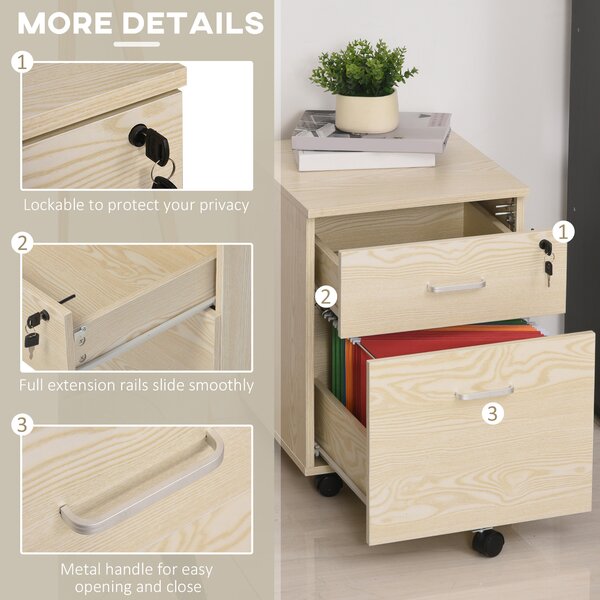 Vinsetto 2-Drawer Locking Office Filing Cabinet w/ 5 Wheels Rolling Storage Hanging Legal Letter Files Cupboard Home Organisation Oak Aosom UK