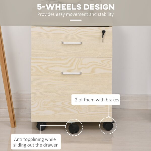 Vinsetto 2-Drawer Locking Office Filing Cabinet w/ 5 Wheels Rolling Storage Hanging Legal Letter Files Cupboard Home Organisation Oak Aosom UK