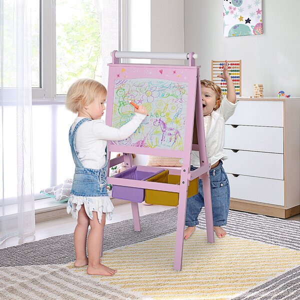 HOMCOM 3 In 1 Kids Wooden Art Easel w/ Paper Roll Double-Sided Chalkboard & Whiteboard w/ Storage Baskets Gift for Kidsl Age 3 Years+ Pink Aosom UK