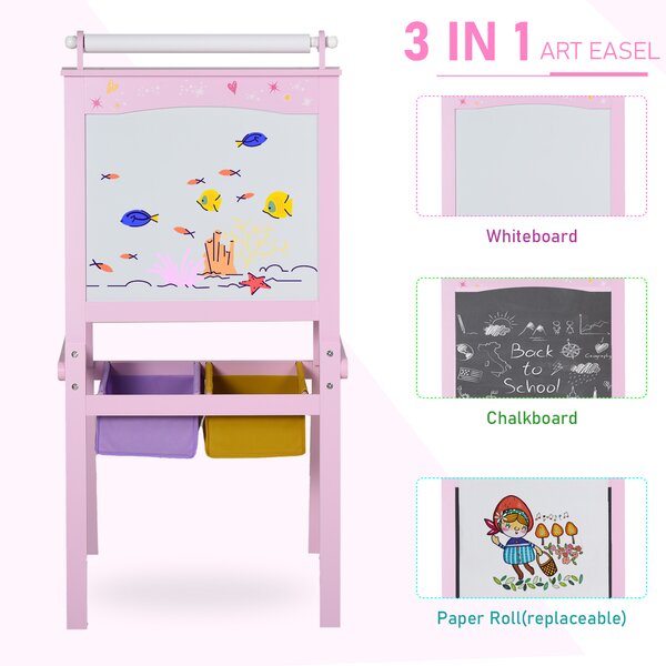HOMCOM 3 In 1 Kids Wooden Art Easel w/ Paper Roll Double-Sided Chalkboard & Whiteboard w/ Storage Baskets Gift for Kidsl Age 3 Years+ Pink Aosom UK