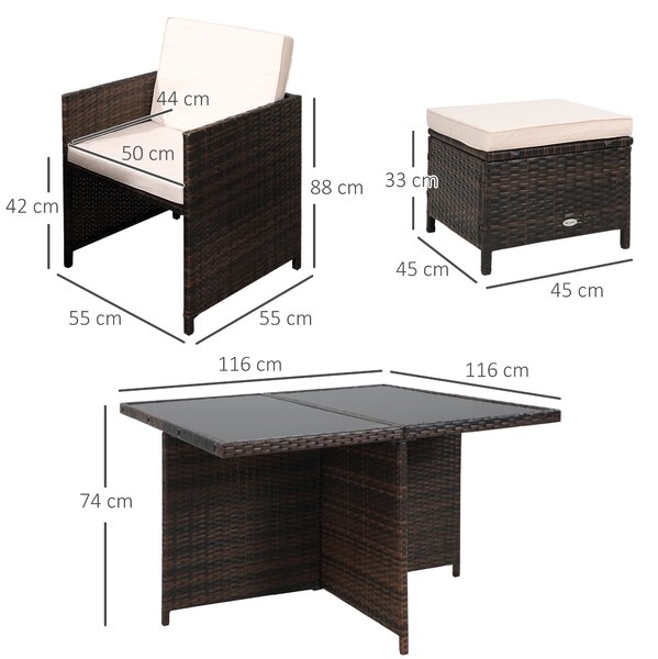 Outsunny 9PC Rattan Garden Furniture Set 8-seater Wicker Outdoor Dining Set Chairs + Footrest + Table Thick Cushion - Brown