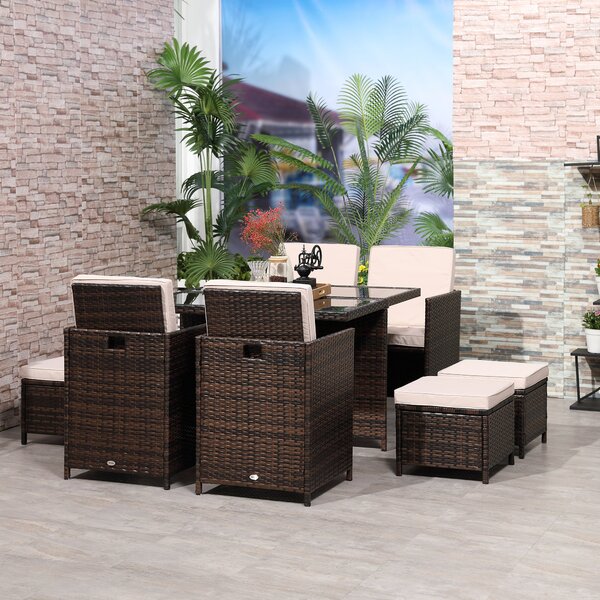 Outsunny 9PC Rattan Garden Furniture Set 8-seater Wicker Outdoor Dining Set Chairs + Footrest + Table Thick Cushion - Brown