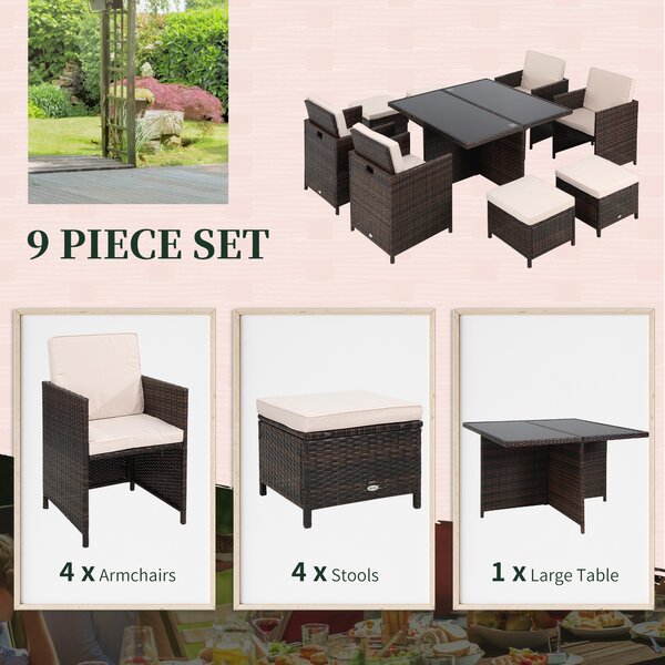 Outsunny 9PC Rattan Garden Furniture Set 8-seater Wicker Outdoor Dining Set Chairs + Footrest + Table Thick Cushion - Brown