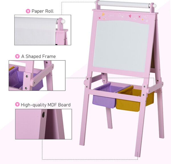 HOMCOM 3 In 1 Kids Wooden Art Easel w/ Paper Roll Double-Sided Chalkboard & Whiteboard w/ Storage Baskets Gift for Kidsl Age 3 Years+ Pink Aosom UK