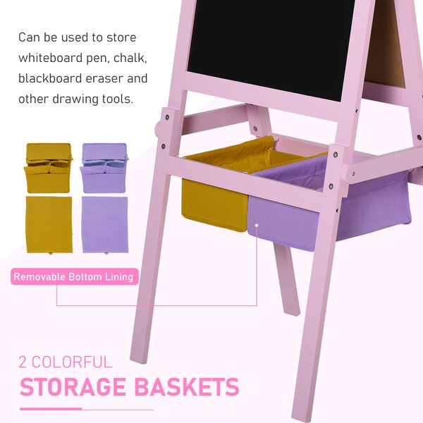 HOMCOM 3 In 1 Kids Wooden Art Easel w/ Paper Roll Double-Sided Chalkboard & Whiteboard w/ Storage Baskets Gift for Kidsl Age 3 Years+ Pink Aosom UK