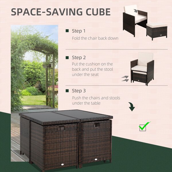 Outsunny 9PC Rattan Garden Furniture Set 8-seater Wicker Outdoor Dining Set Chairs + Footrest + Table Thick Cushion - Brown