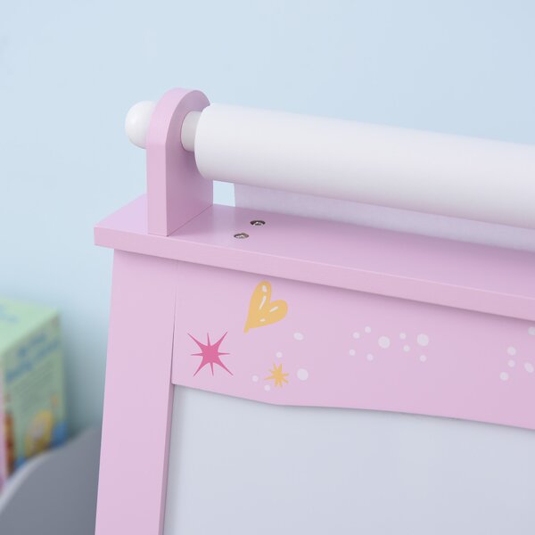 HOMCOM 3 In 1 Kids Wooden Art Easel w/ Paper Roll Double-Sided Chalkboard & Whiteboard w/ Storage Baskets Gift for Kidsl Age 3 Years+ Pink Aosom UK