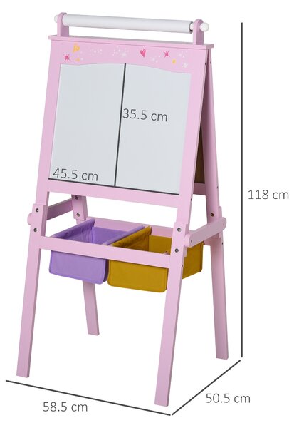 HOMCOM 3 In 1 Kids Wooden Art Easel w/ Paper Roll Double-Sided Chalkboard & Whiteboard w/ Storage Baskets Gift for Kidsl Age 3 Years+ Pink Aosom UK