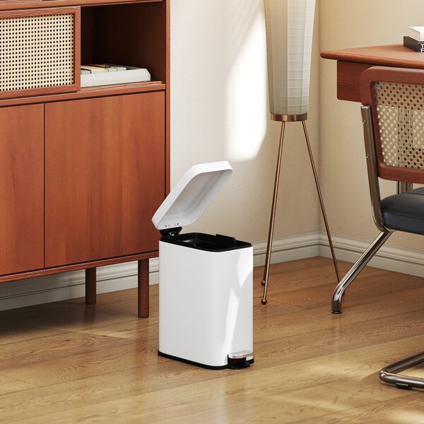 HOMCOM 5L Rectangular Compact Bin Steel Body Removable Bucket Quiet-Close Lid w/ Pedal Lid Rubbish Trash Can Garbage Tidy Clean White Aosom UK