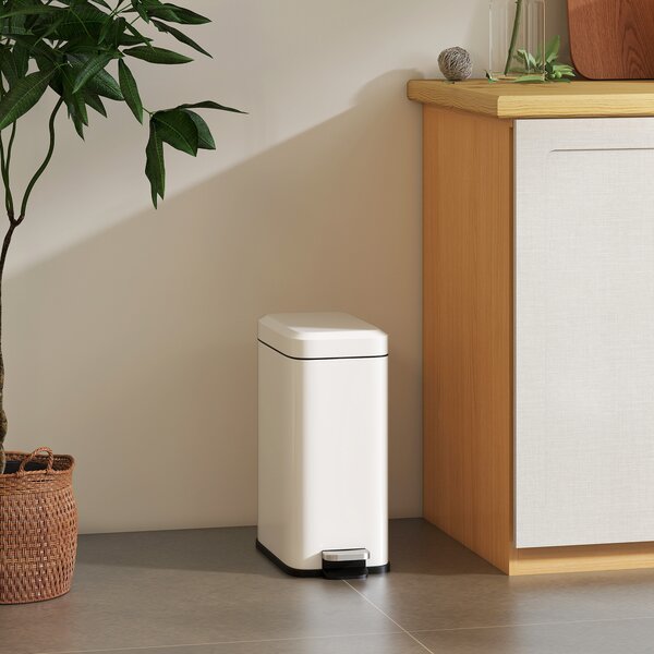 HOMCOM 5L Rectangular Compact Bin Steel Body Removable Bucket Quiet-Close Lid w/ Pedal Lid Rubbish Trash Can Garbage Tidy Clean White Aosom UK