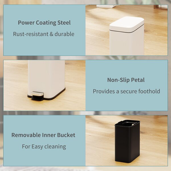 HOMCOM 5L Rectangular Compact Bin Steel Body Removable Bucket Quiet-Close Lid w/ Pedal Lid Rubbish Trash Can Garbage Tidy Clean White Aosom UK