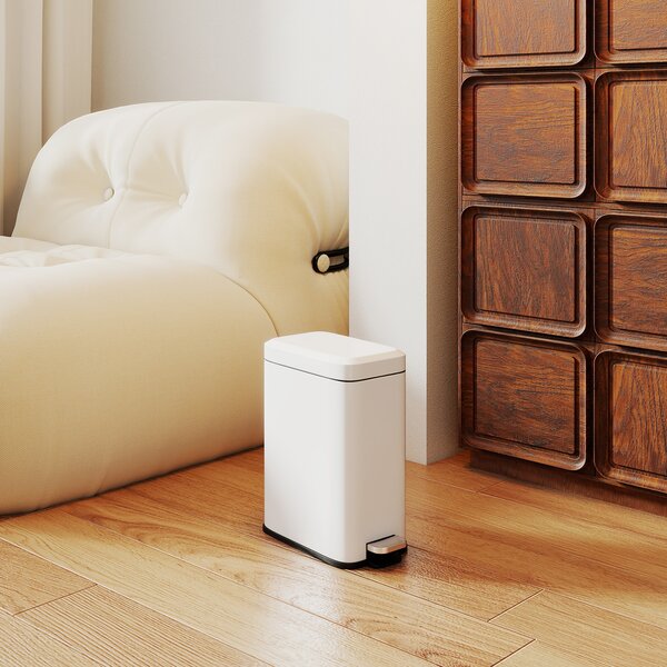 HOMCOM 5L Rectangular Compact Bin Steel Body Removable Bucket Quiet-Close Lid w/ Pedal Lid Rubbish Trash Can Garbage Tidy Clean White Aosom UK