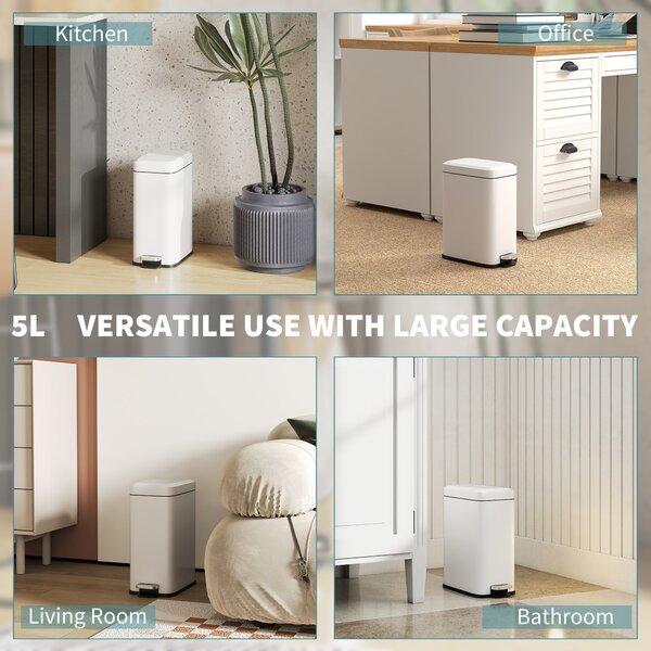 HOMCOM 5L Rectangular Compact Bin Steel Body Removable Bucket Quiet-Close Lid w/ Pedal Lid Rubbish Trash Can Garbage Tidy Clean White Aosom UK